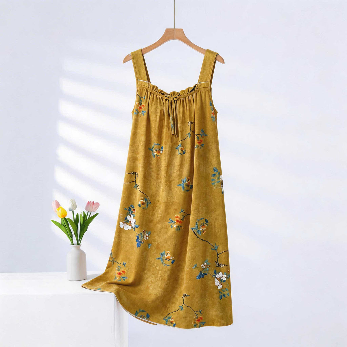 Vintage Floral Ruffle Neck Sleeveless Nightgown - Yellow - Plus Size - image 0