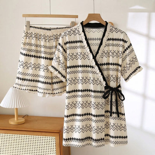 Bohemian Pattern Ruffle Sleeve Pajama Set - Black - 3XL - image 0