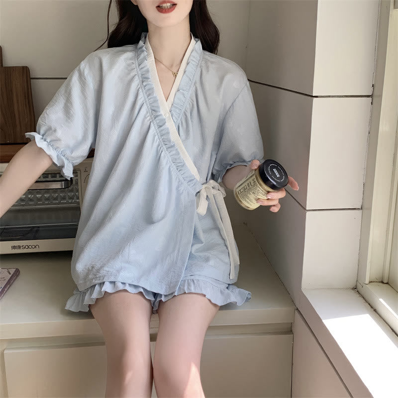 Light Blue Ruffle Sleeve Pajama Set - image 3