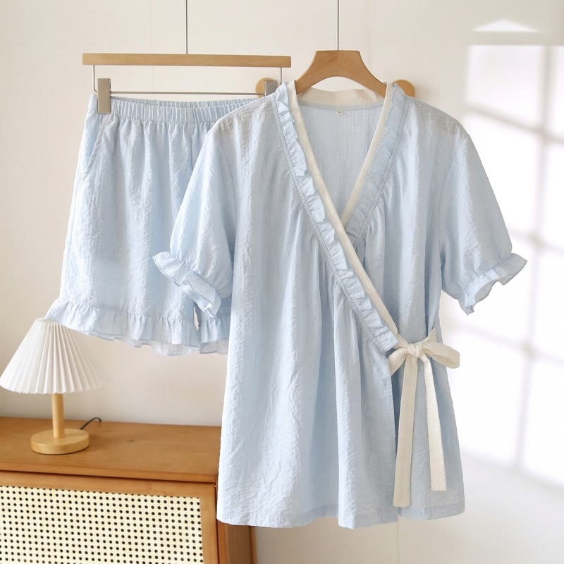 Light Blue Ruffle Sleeve Pajama Set - Blue - 3XL - image 0