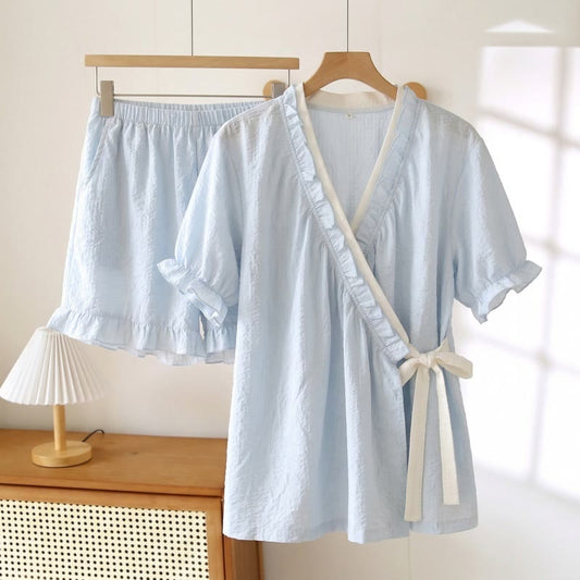 Light Blue Ruffle Sleeve Pajama Set - Blue - 3XL - image 0