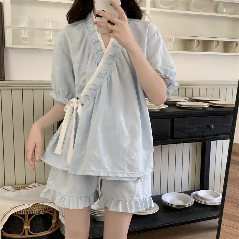 Light Blue Ruffle Sleeve Pajama Set - image 2