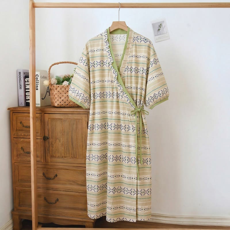 Geometric Pattern Ruffled Side-tie Nightgown - Green  - 3XL - image 0