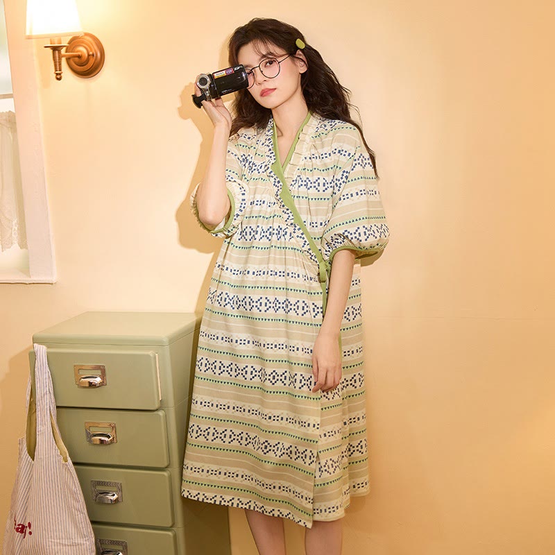 Geometric Pattern Ruffled Side-tie Nightgown - image 1