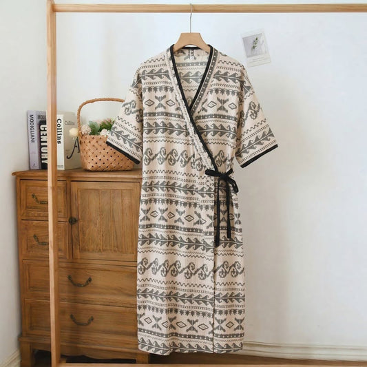 Boho Ethnic Style Ruffled Side-Tie Nightgown - Black - 3XL - image 0