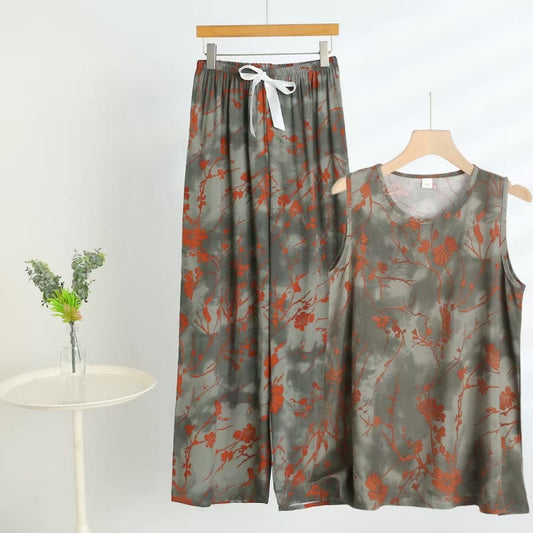 Artistic Branch Floral Tank & Pants Pajama Set - Grey - 5XL - image 0