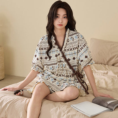 Geometric Pattern & Floral Ruffle Sleeve Pajama Set - image 3