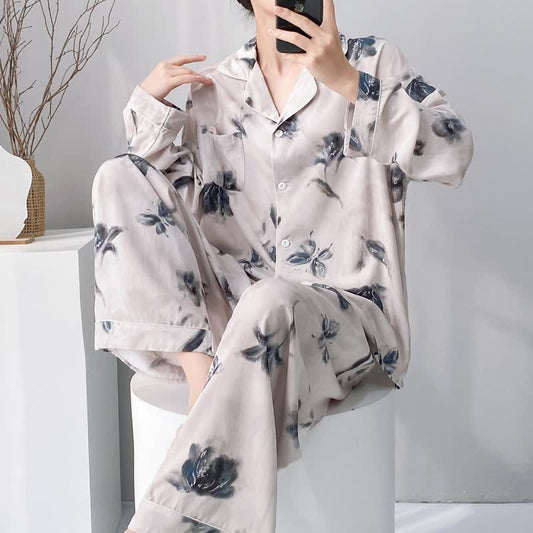 Ink Wash Floral Butterfly Pajama Set - Beige - XXL - image 0