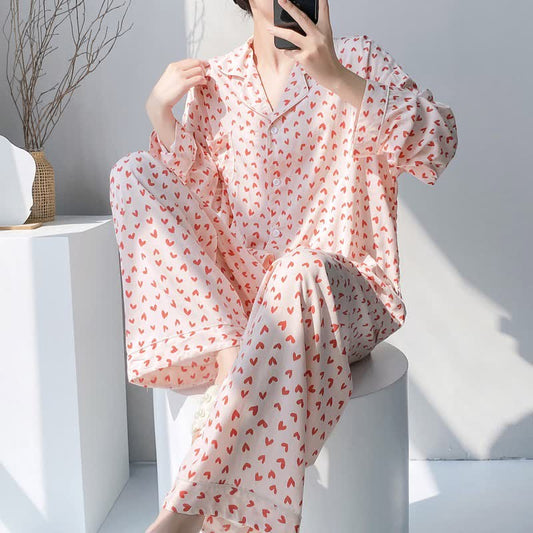 Red Heart Print Pajama Set - Beige - XXL - image 0
