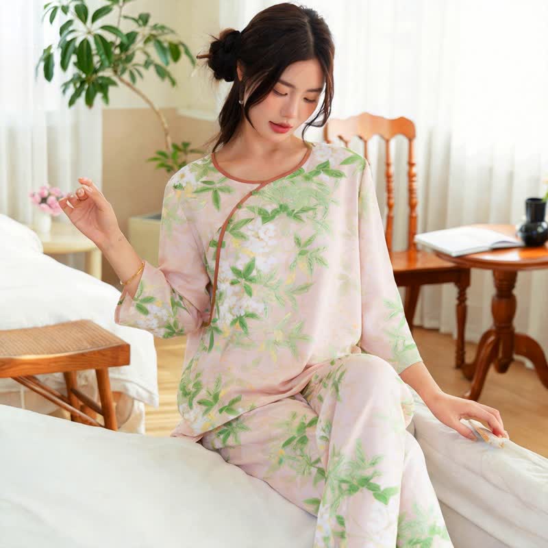 Oriental Floral & Leaf Pajama Set - image 3