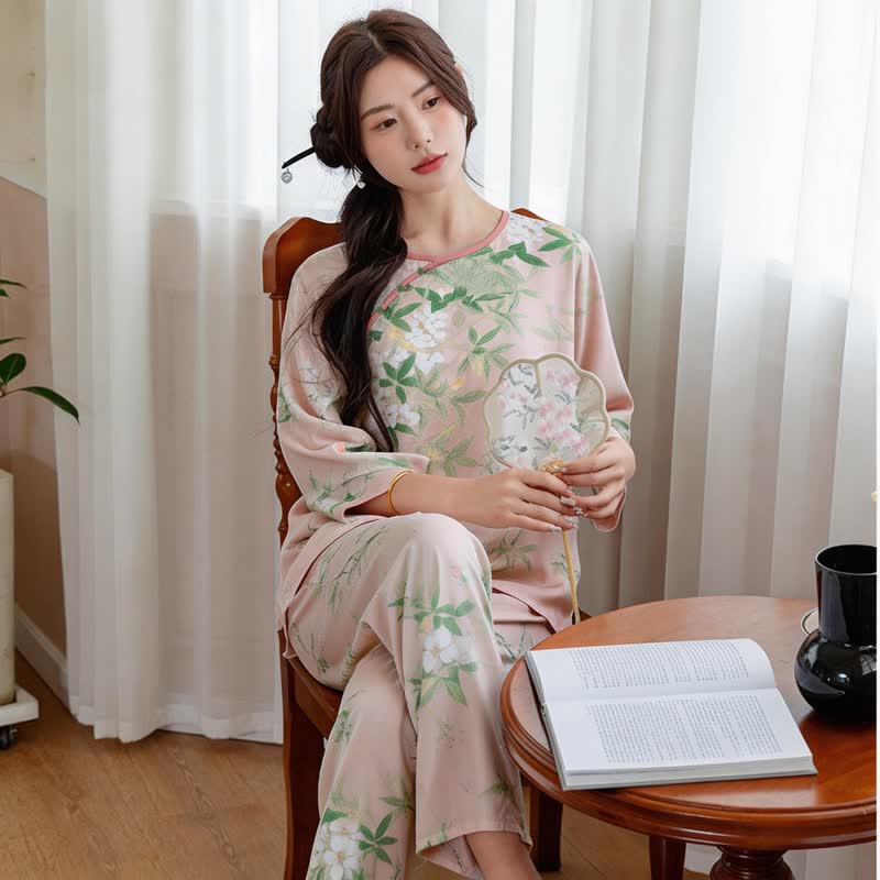 Oriental Floral & Leaf Pajama Set - image 1