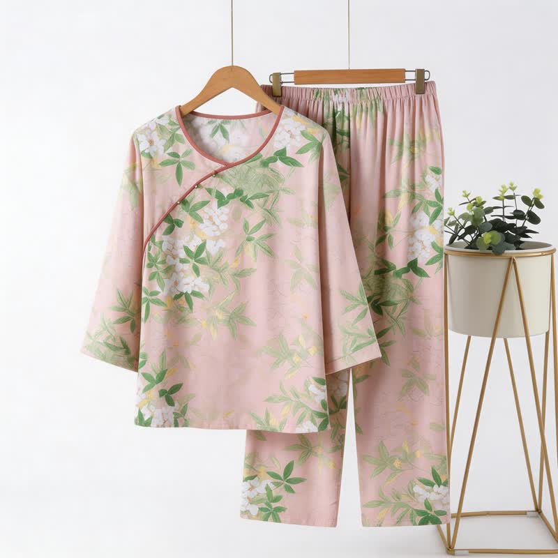 Oriental Floral & Leaf Pajama Set - Light Pink - 4XL - image 0