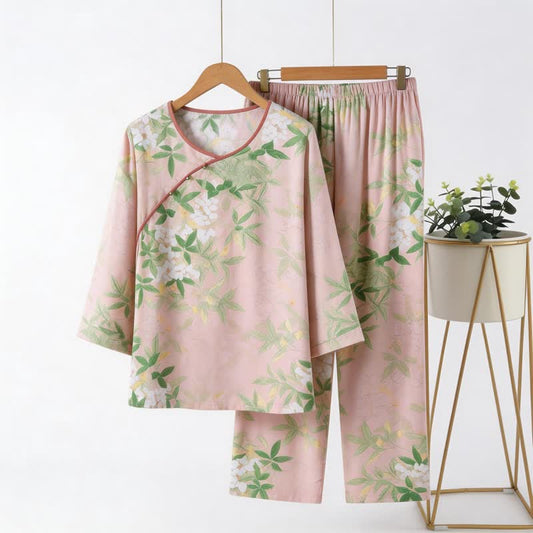 Oriental Floral & Leaf Pajama Set - Light Pink - 4XL - image 0