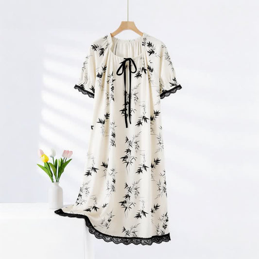 Bamboo Print Ruffle Neck Cotton Nightgown - White & Black - XXL - image 0