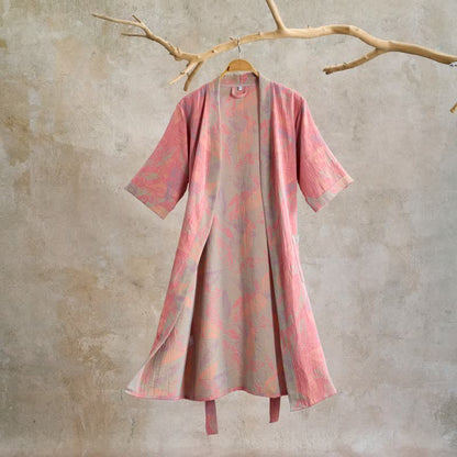 Artistic Leaf Short Sleeve Cotton Robe - Pink - XL - image 0