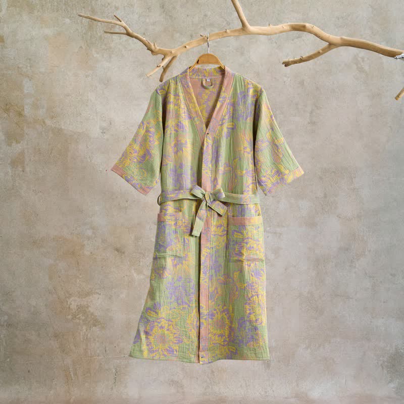 Artistic Floral Short Sleeve Cotton Robe - image 2