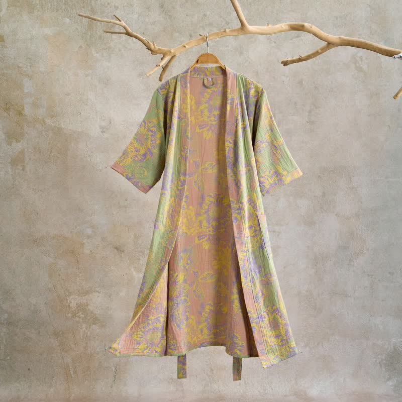 Artistic Floral Short Sleeve Cotton Robe - Green - XL - image 0