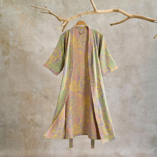 Artistic Floral Short Sleeve Cotton Robe - Green - XL - image 0