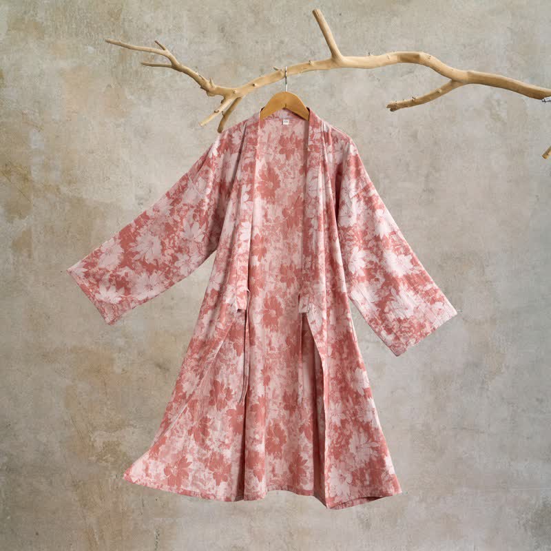Elegant Floral Kimono Cotton Gauze Robe - Pink - XL - image 1