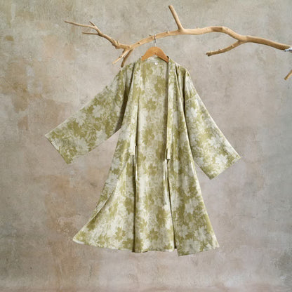 Elegant Floral Kimono Cotton Gauze Robe - Green - XL - image 9