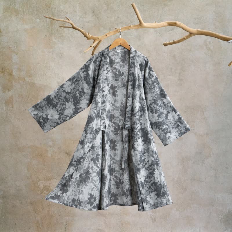 Elegant Floral Kimono Cotton Gauze Robe - Gray - XL - image 17