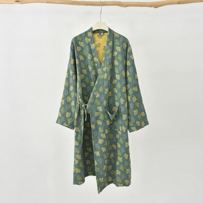 Ginkgo Leaf Cotton Gauze Yukata Robe - Green - XXL - image 16