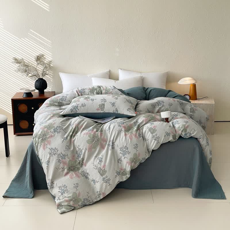 Floral Leaf Cotton Double Gauze Bedding Set(4PCS) - Green - King - image 1