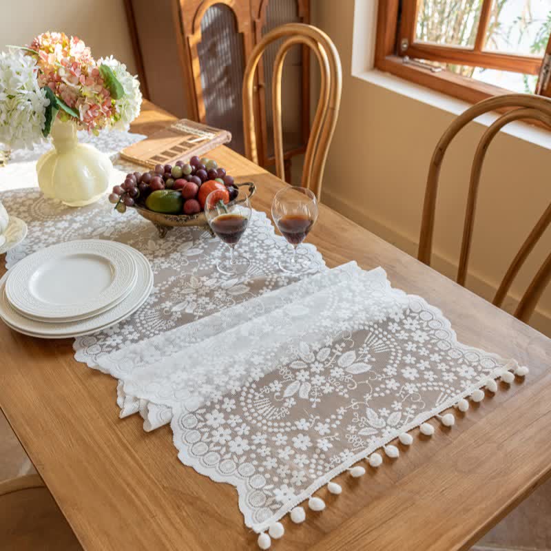 Floral Leaf Lace Tassel Table Runner - image 2