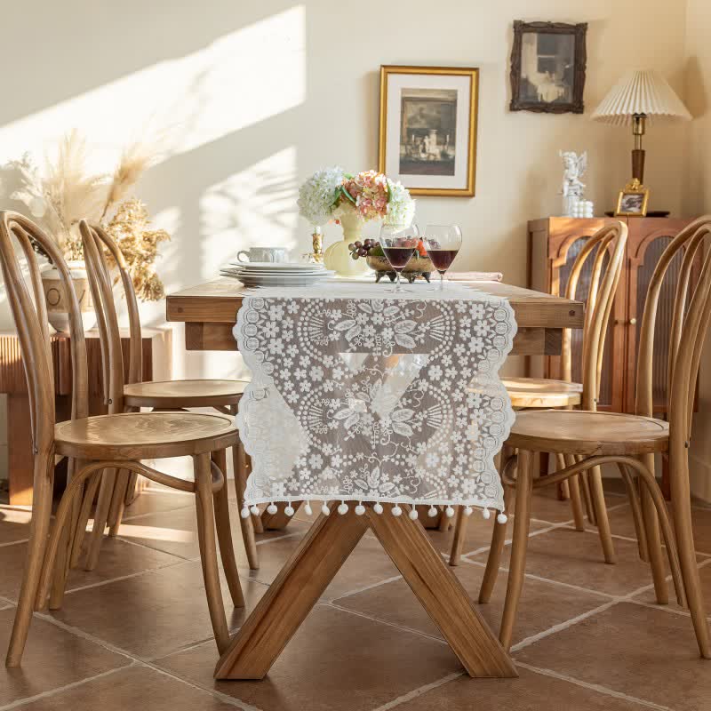 Floral Leaf Lace Tassel Table Runner - White - 17'' × 118'' - image 1