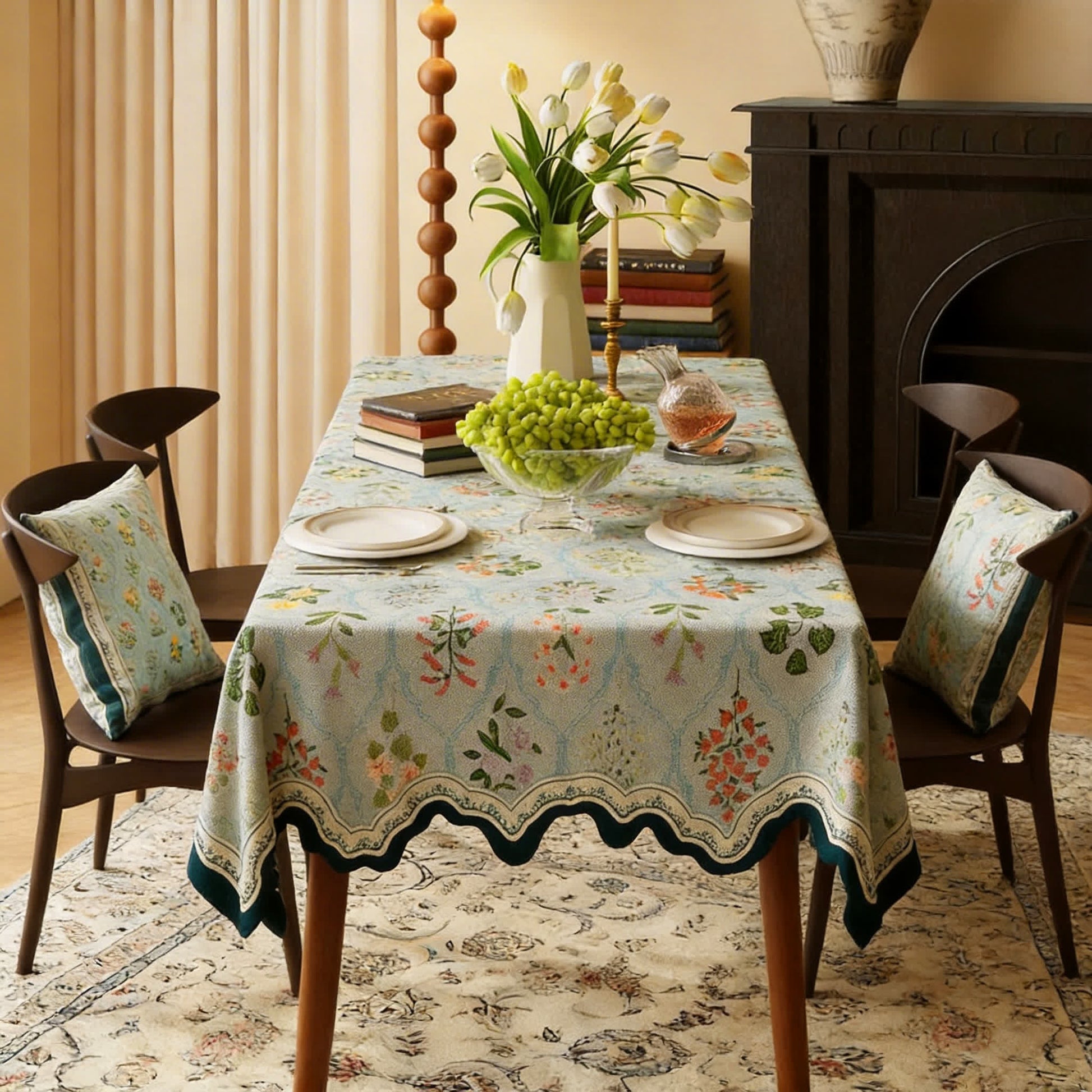 Botanical Floral Scalloped Edge Tablecloth - image 1