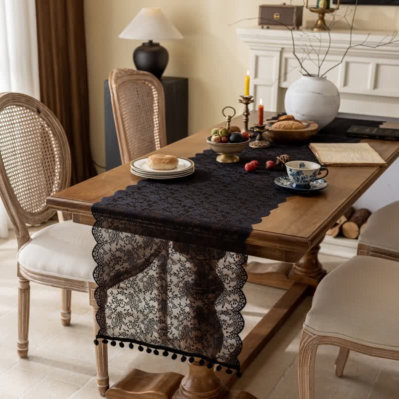 Elegant Floral Lace Tassel Table Runner - Black - 17'' × 118'' - image 4