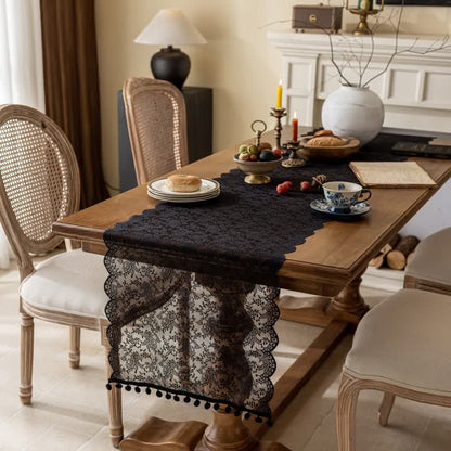 Elegant Floral Lace Tassel Table Runner - Black - 17'' × 118'' - image 4