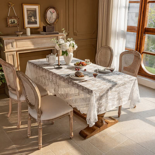 Floral Jacquard Lace Scalloped Edge Tablecloth - White - 55'' × 118'' - image 0