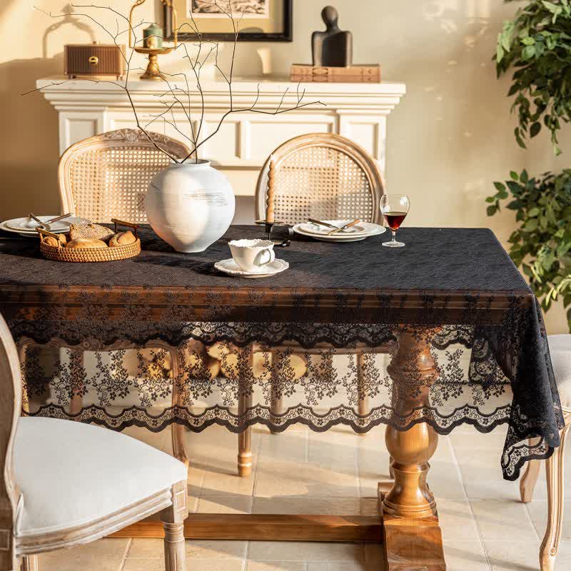 Floral Jacquard Lace Scalloped Edge Tablecloth - Black - 55'' × 118'' - image 9