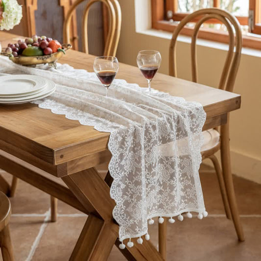 Elegant Floral Lace Tassel Table Runner - White - 17'' × 118'' - image 0