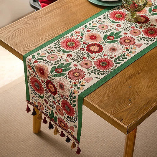 Pink Floral Jacquard Tassel Table Runner - 13'' × 118'' - image 0