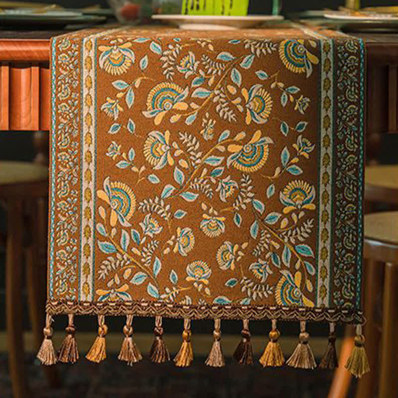 Vintage Branch Jacquard Tassel Table Runner - image 11