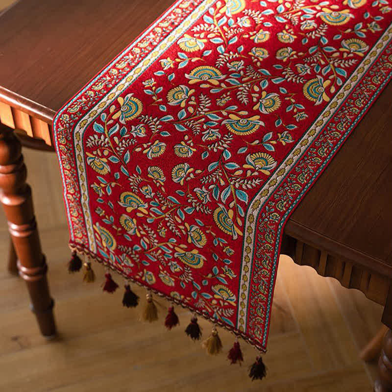 Vintage Branch Jacquard Tassel Table Runner - Red - 13'' × 118'' - image 0