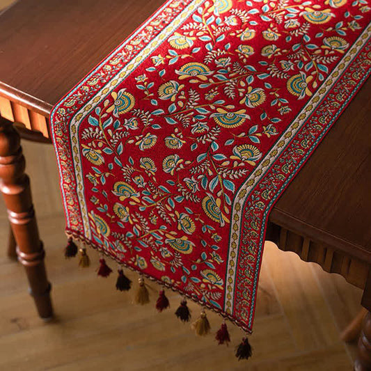 Vintage Branch Jacquard Tassel Table Runner - Red - 13'' × 118'' - image 0