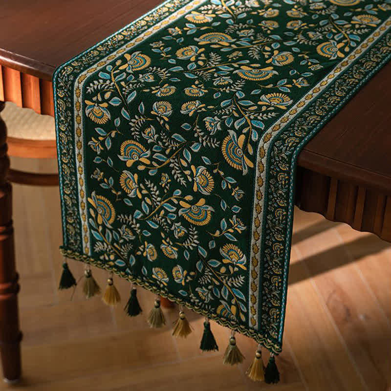 Vintage Branch Jacquard Tassel Table Runner - image 7