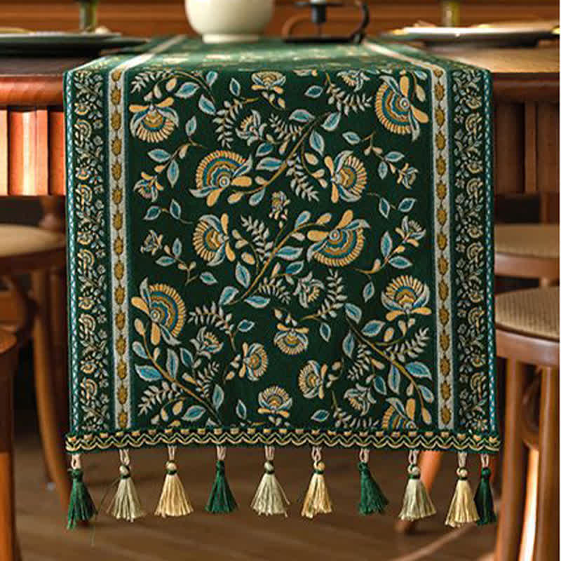 Vintage Branch Jacquard Tassel Table Runner - image 8