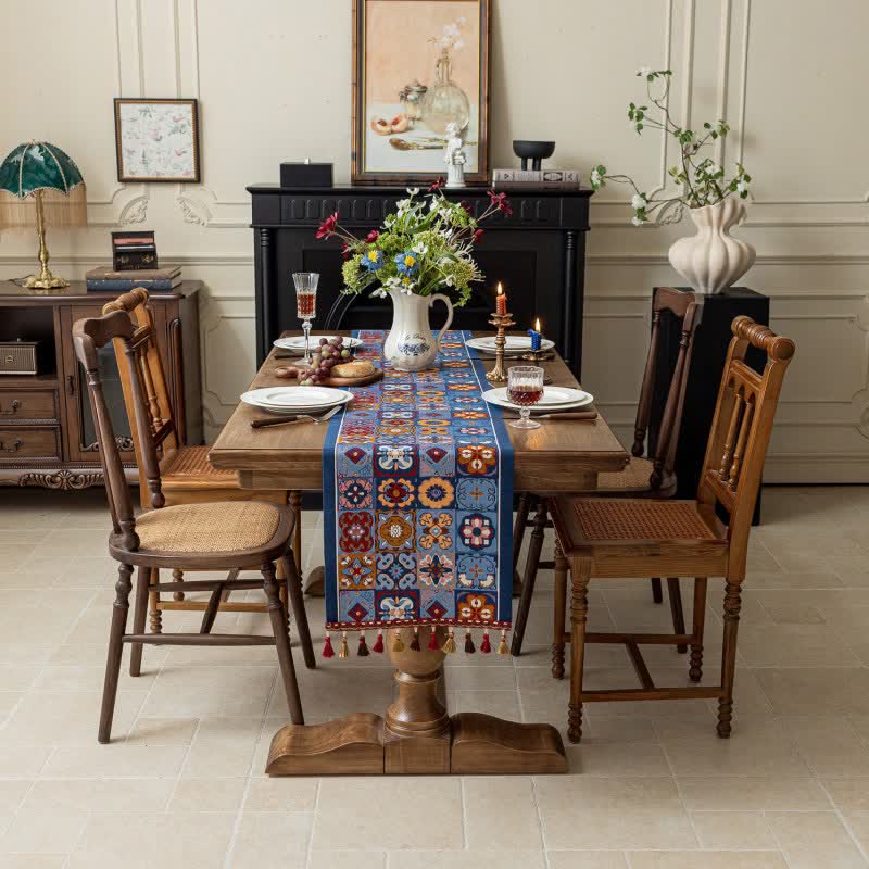 Geometric Pattern Jacquard Tassel Table Runner - image 1