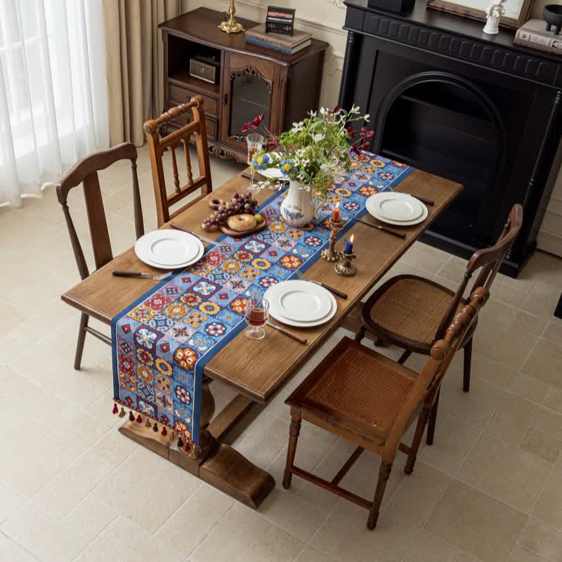 Geometric Pattern Jacquard Tassel Table Runner - image 2