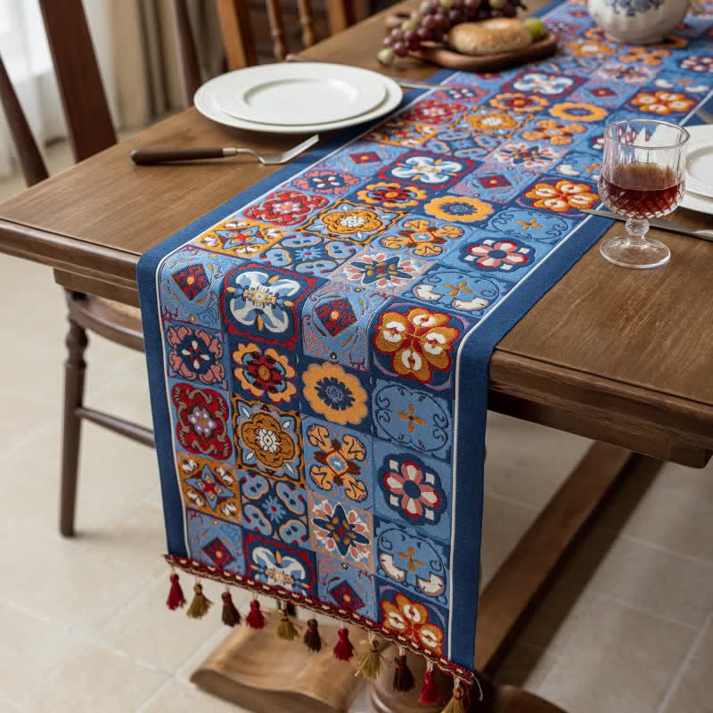 Geometric Pattern Jacquard Tassel Table Runner – au.ownkoti