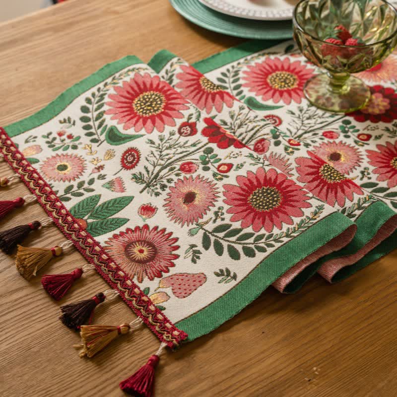 Pink Floral Jacquard Tassel Table Runner - image 3