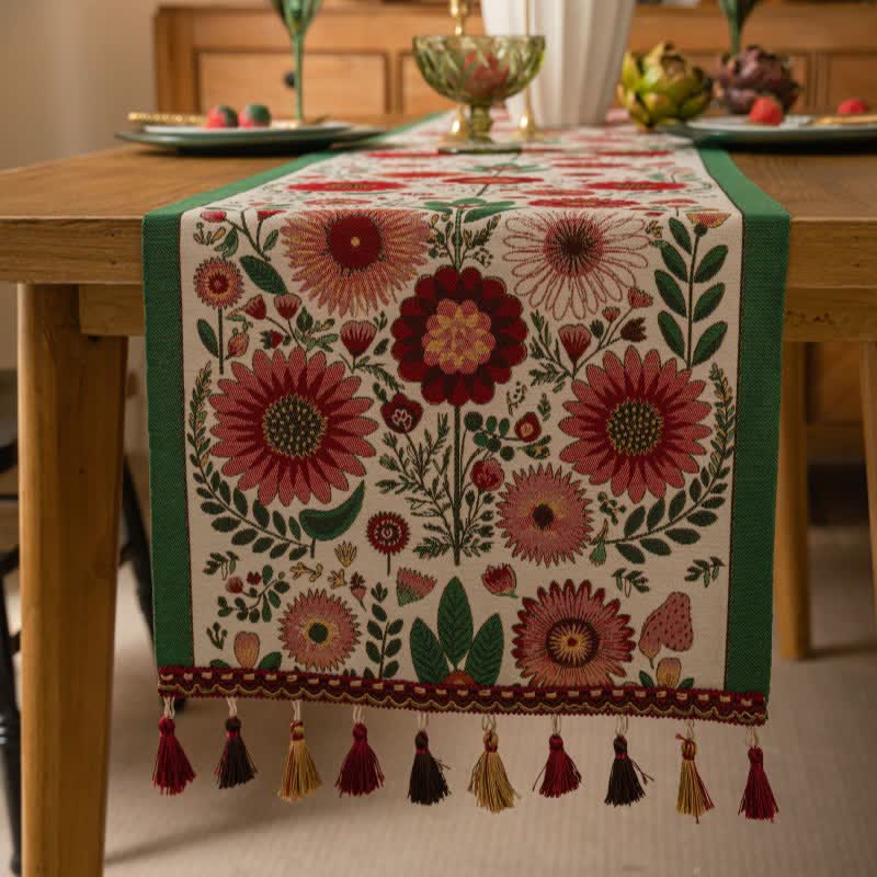 Pink Floral Jacquard Tassel Table Runner - image 1