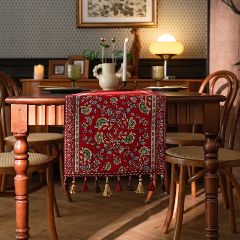 Vintage Branch Jacquard Tassel Table Runner - image 1