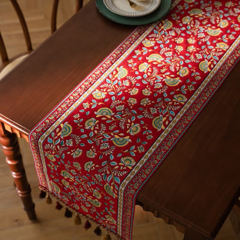 Vintage Branch Jacquard Tassel Table Runner - image 2