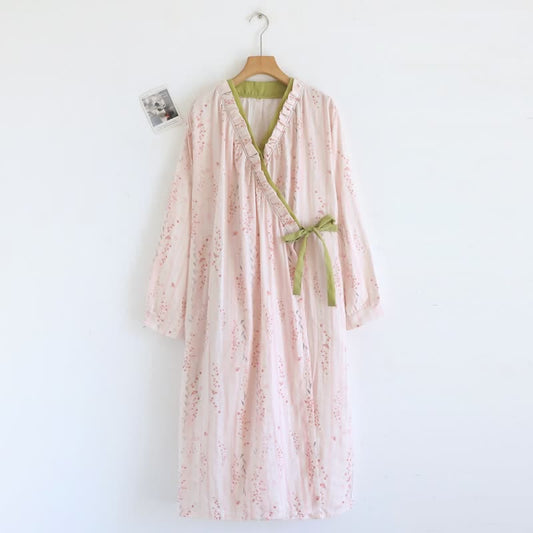 Ditsy Floral Cotton Gauze Kimono Nightgown - Pink - L - image 0