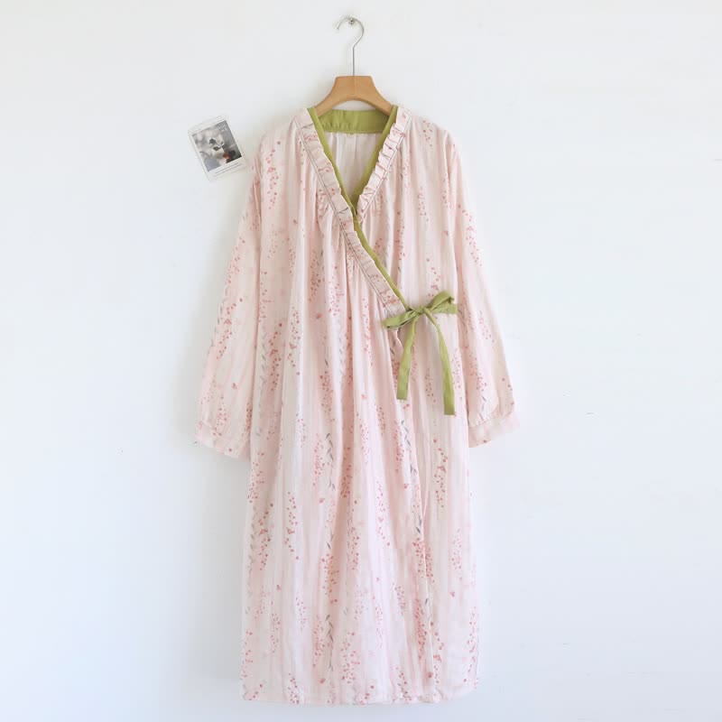 Ditsy Floral Cotton Gauze Kimono Nightgown - Pink - L - image 0